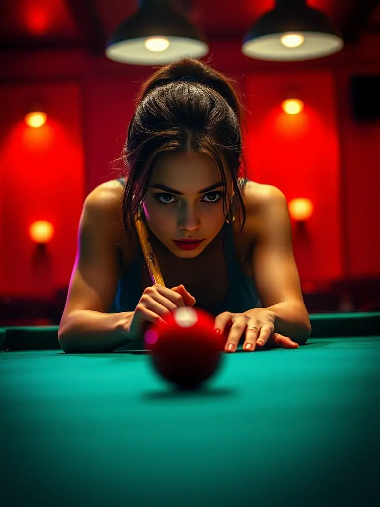 An action shot of a snooker player carefully lining up a shot, emphasizing the focus and skill required in this discipline.
