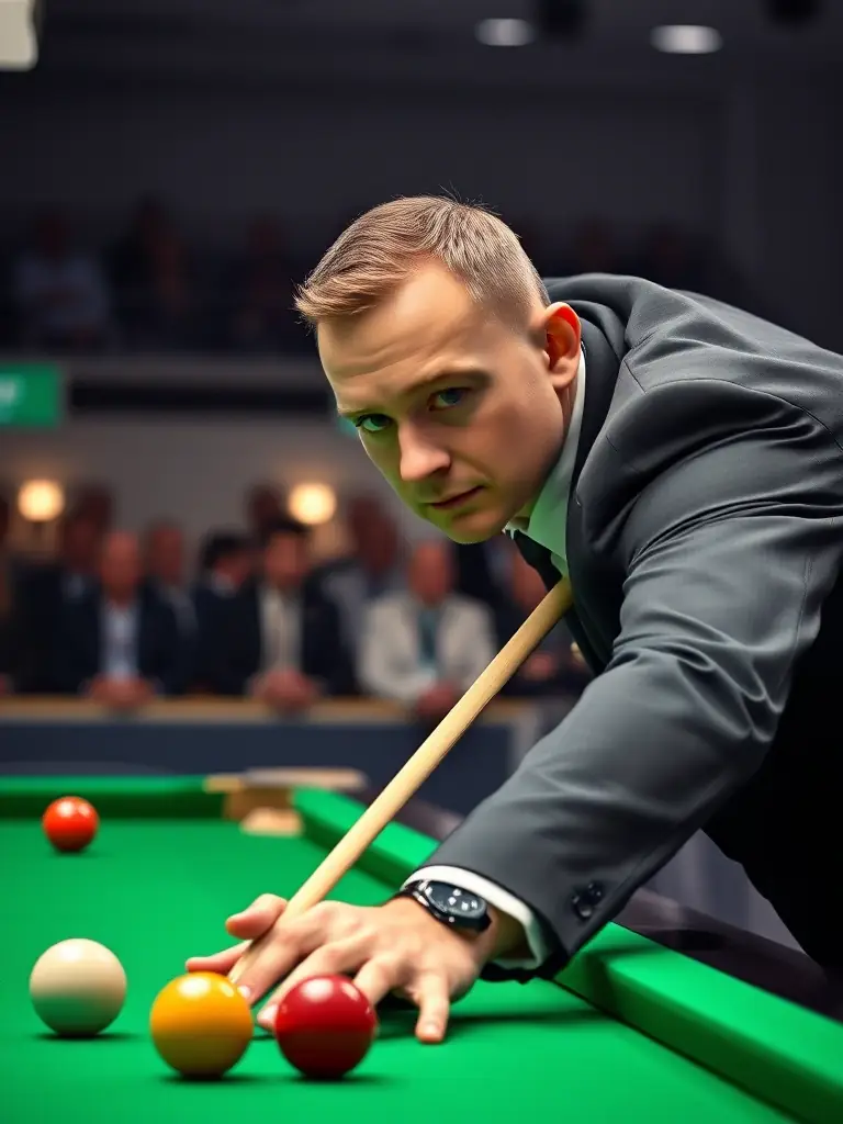 A high-quality photo of a professional billiards player executing a precise shot during a national championship, showcasing focus and skill.