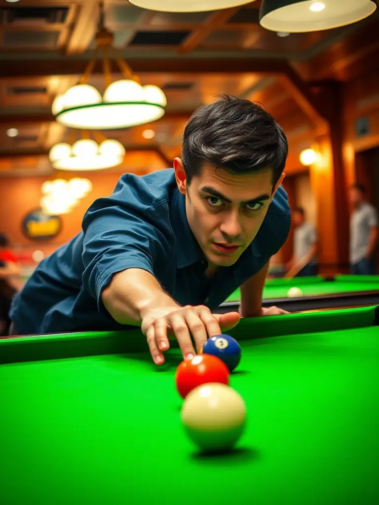 A focused shot of a player concentrating on a nine-ball pool game, highlighting the fast-paced and dynamic nature of the game.