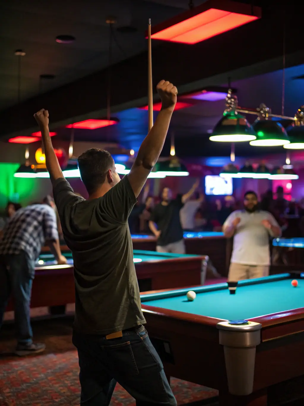 A vibrant image of a local billiards competition, showcasing players of different ages and skill levels engaged in a friendly match.
