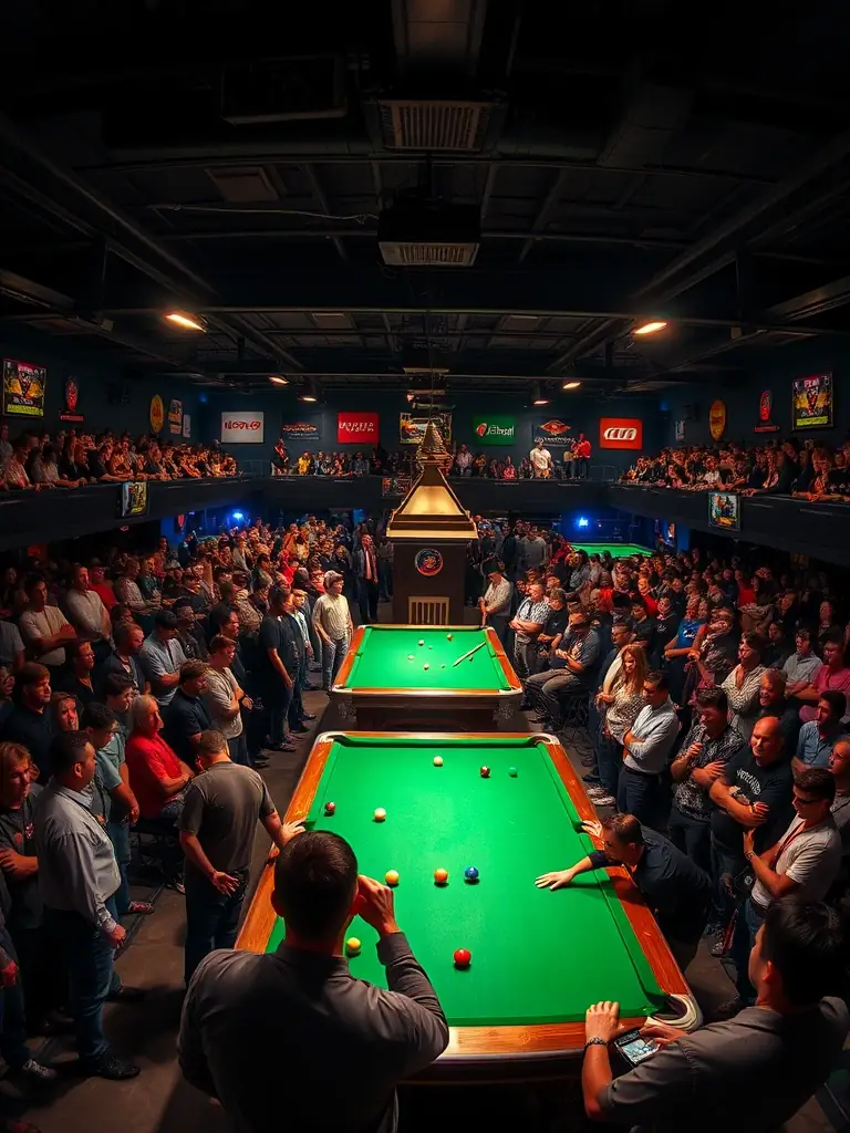 A high-angle shot of a billiards training session, focusing on the coach demonstrating a precise shot to a group of attentive players.