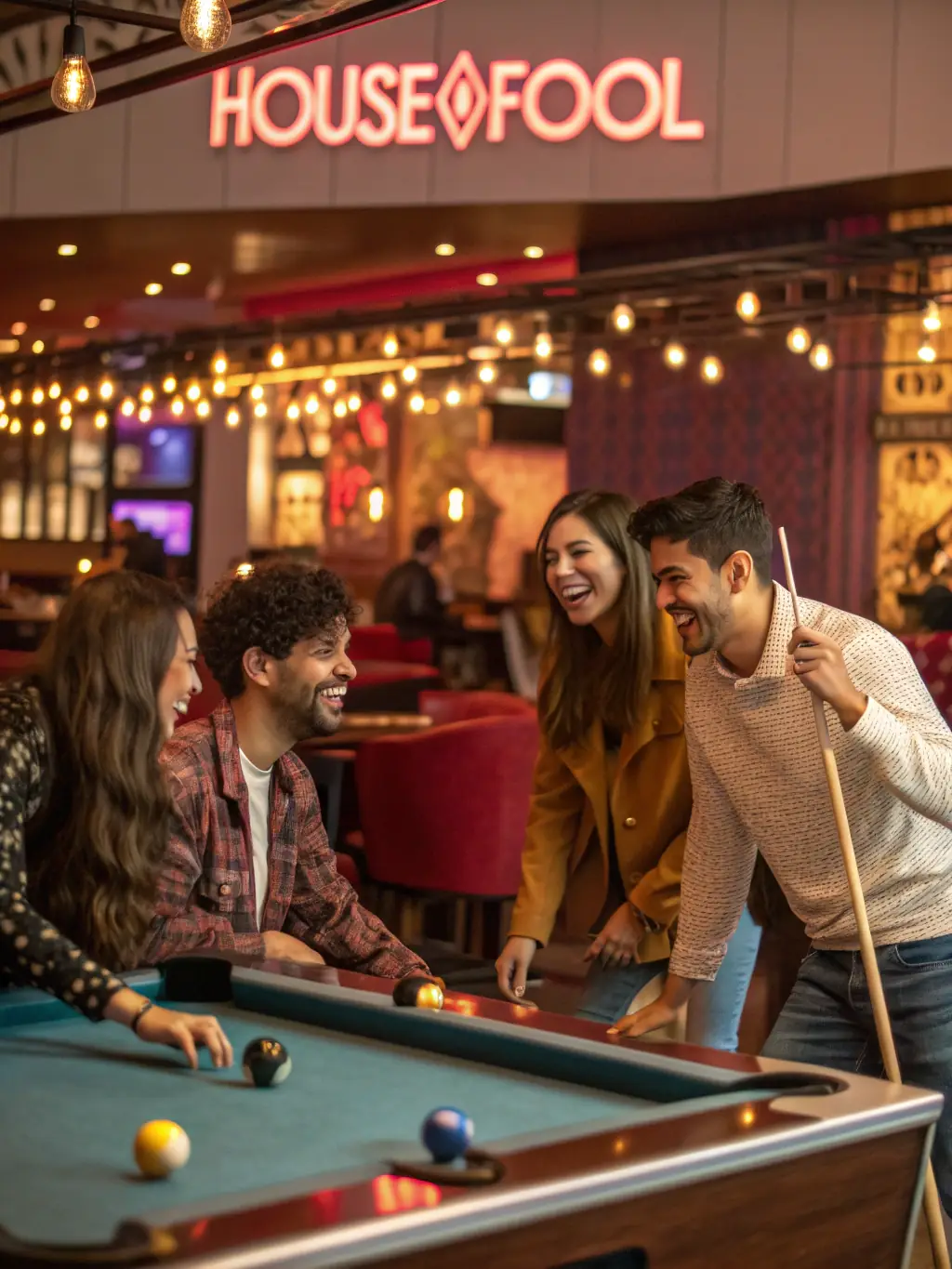 A photograph of a group of people enjoying a casual billiards game in a relaxed, social setting, emphasizing the recreational aspect of the sport.