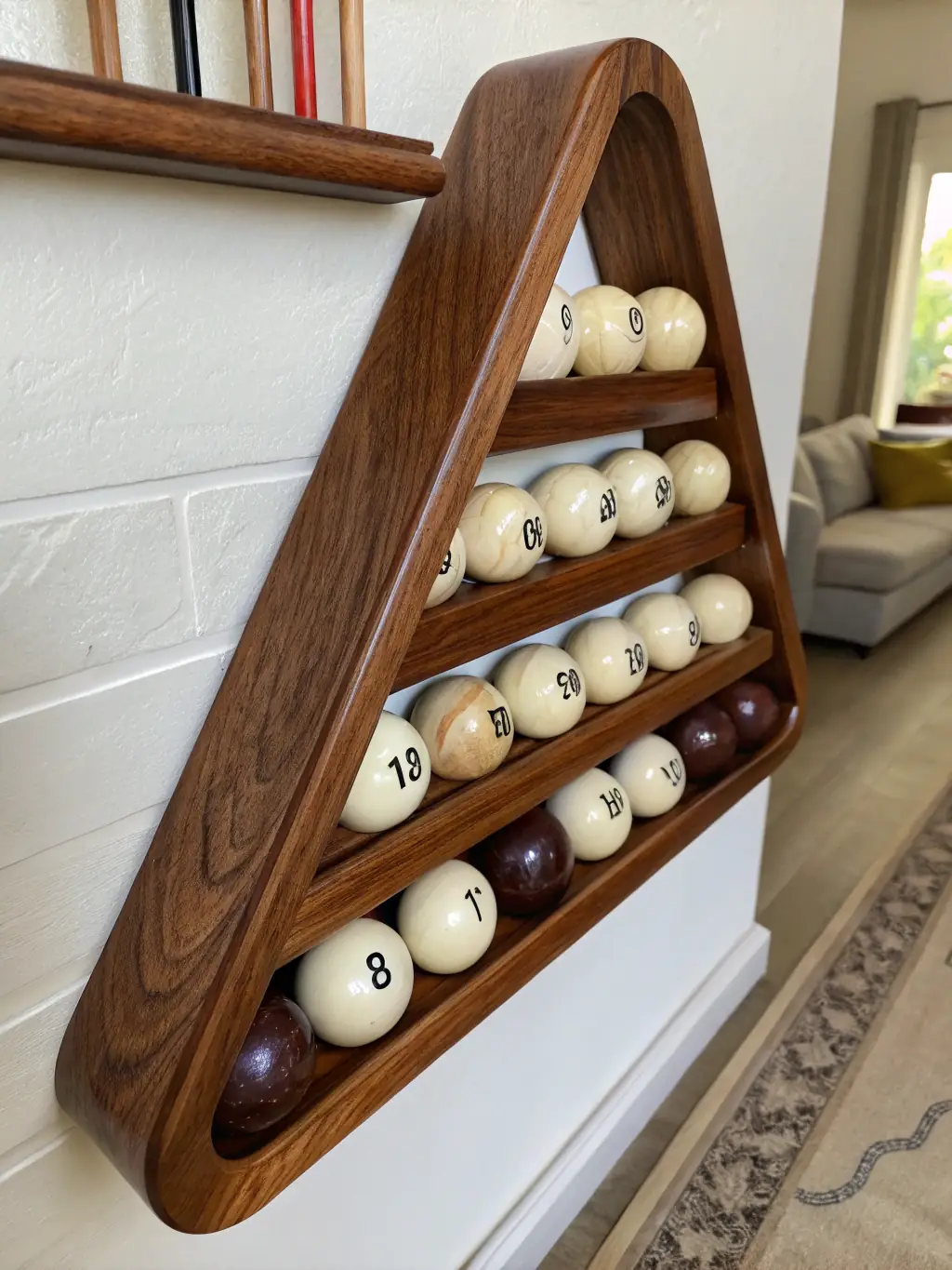 A dynamic image of a pool player leaning over the table, about to break a rack of balls in an eight-ball pool game.